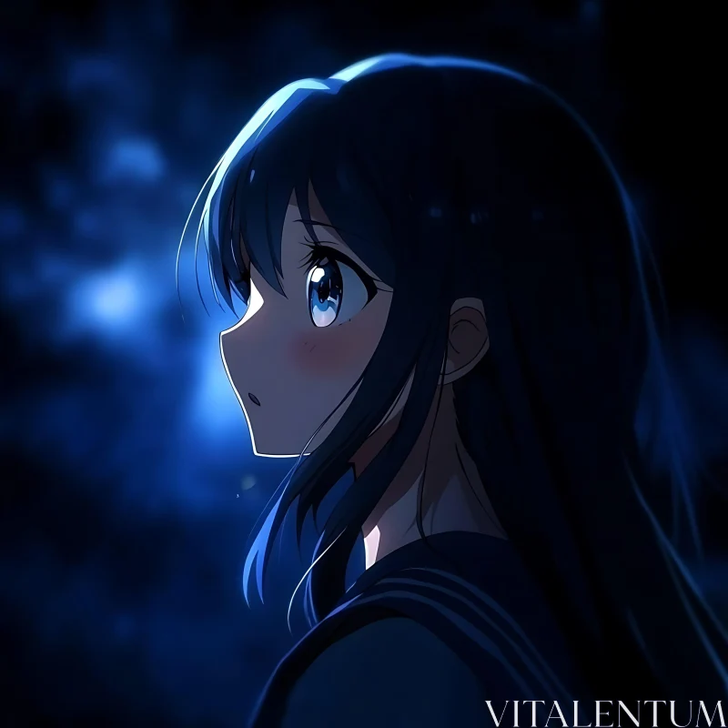 Mystical Blue-Haired Anime Girl at Night AI Image