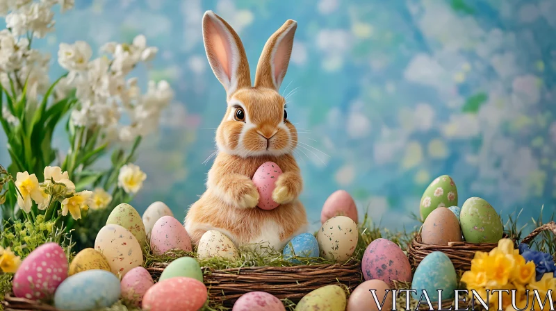 Whimsical Easter Bunny and Egg Display AI Image