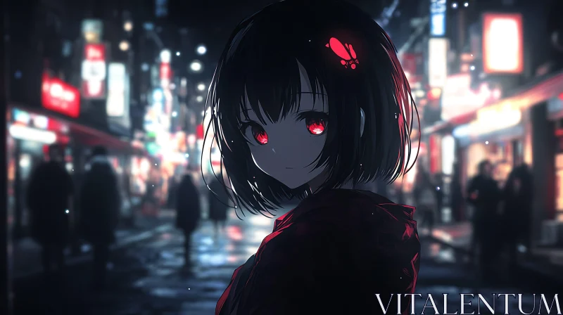 Mysterious Anime Girl with Red Eyes at Night AI Image