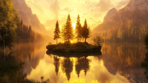 Golden Sunset Landscape over a Lake with Reflective Waters