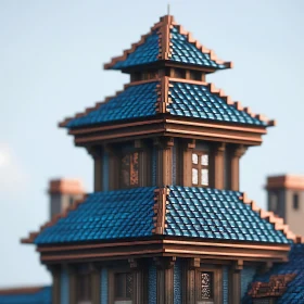 Pagoda Architecture with Blue Roofs and Wooden Framework