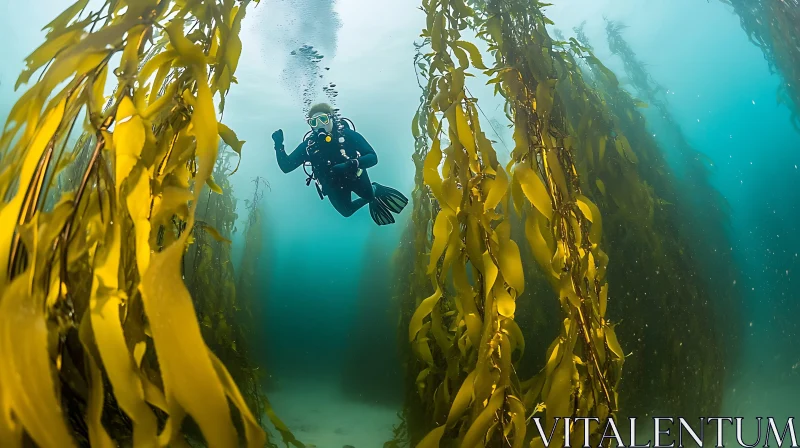 Scuba Diver Among Seaweed AI Image