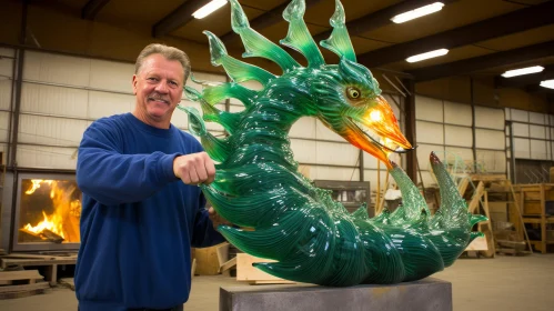 Artisan and His Emerald Glass Dragon Sculpture