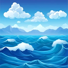 Serene Cartoon Sea with Mountains