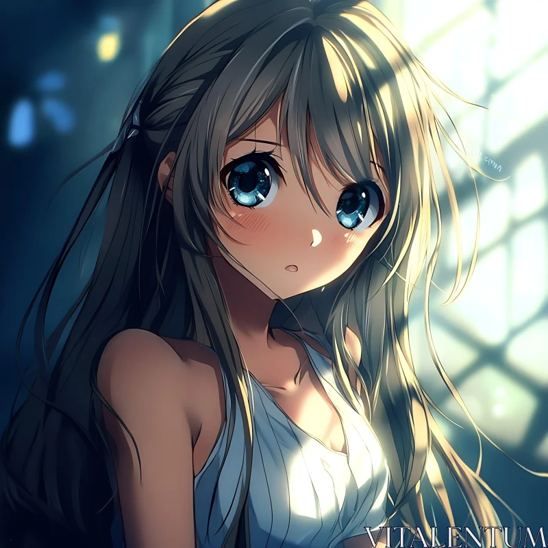 Softly Lit Anime Girl with Expressive Eyes AI Image