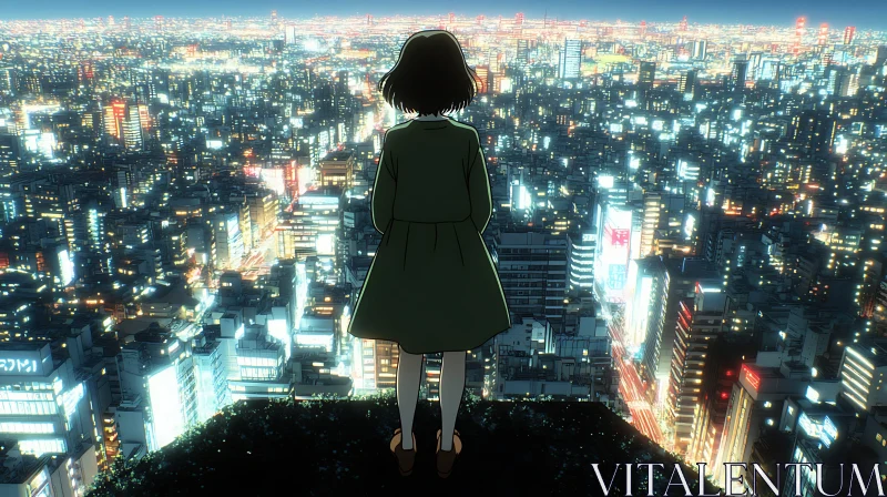 Contemplative Anime Girl Overlooking Illuminated City AI Image