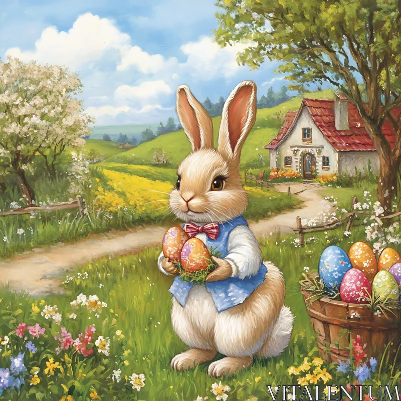 Springtime Rabbit with Easter Eggs AI Image