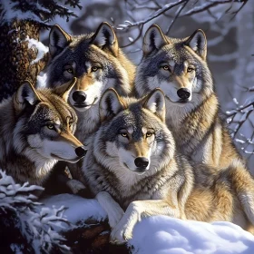 Four Wolves in Snowy Forest