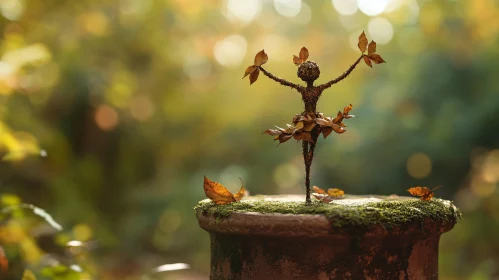 Natural Art: Leaf and Twig Sculpture on Mossy Pot