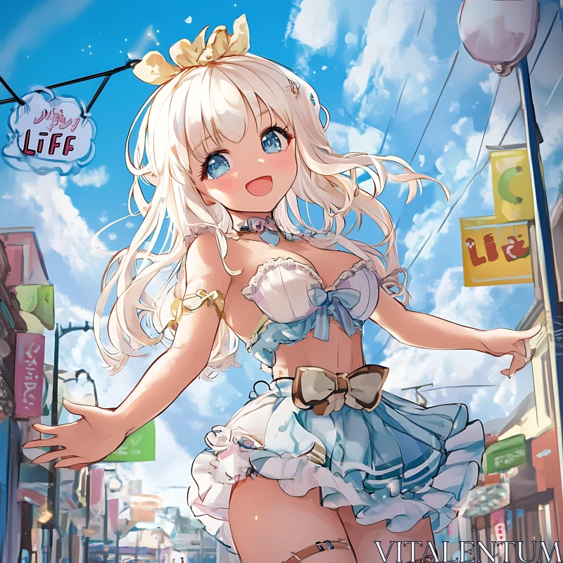 Anime Girl with Blonde Hair in a Colorful Street AI Image