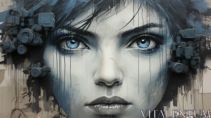 Graffiti Art: Girl with Blue Eyes in Silver and Azure AI Image