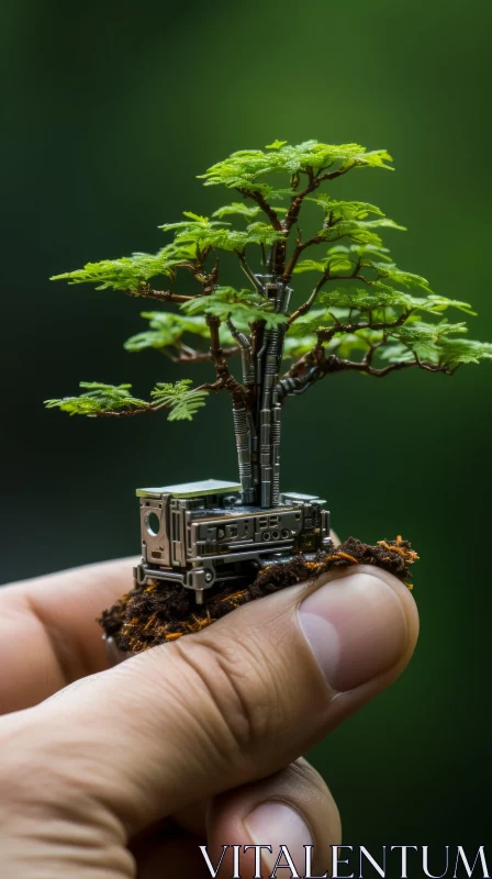 Miniature Train Bonsai Tree in Industrial Machinery Aesthetics AI Image