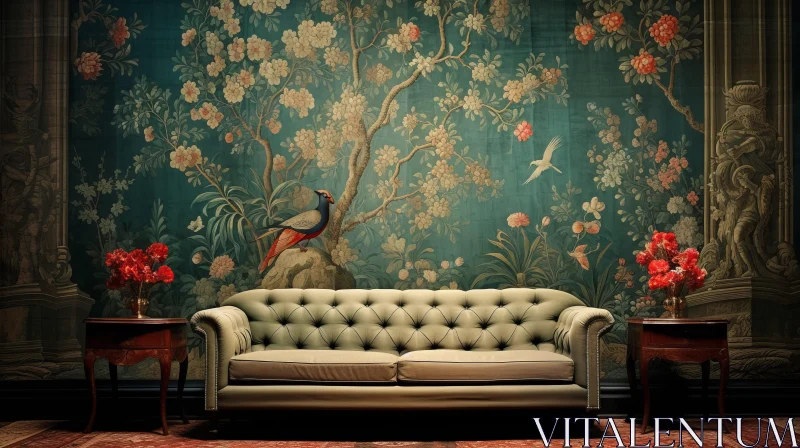 Nature-Inspired Wallpaper Mural in Traditional Interior AI Image