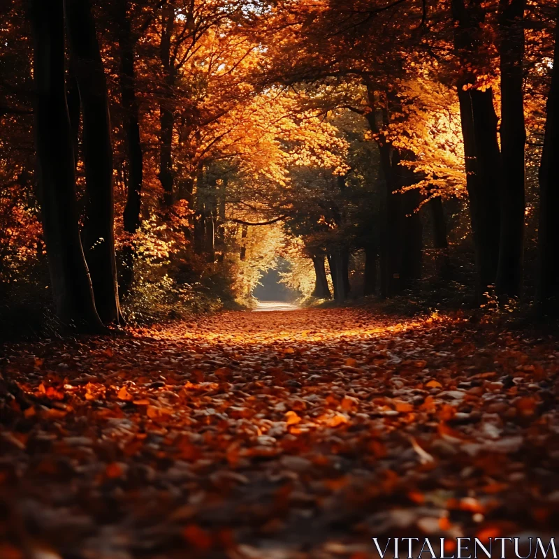 Golden Path through Autumn Woods AI Image