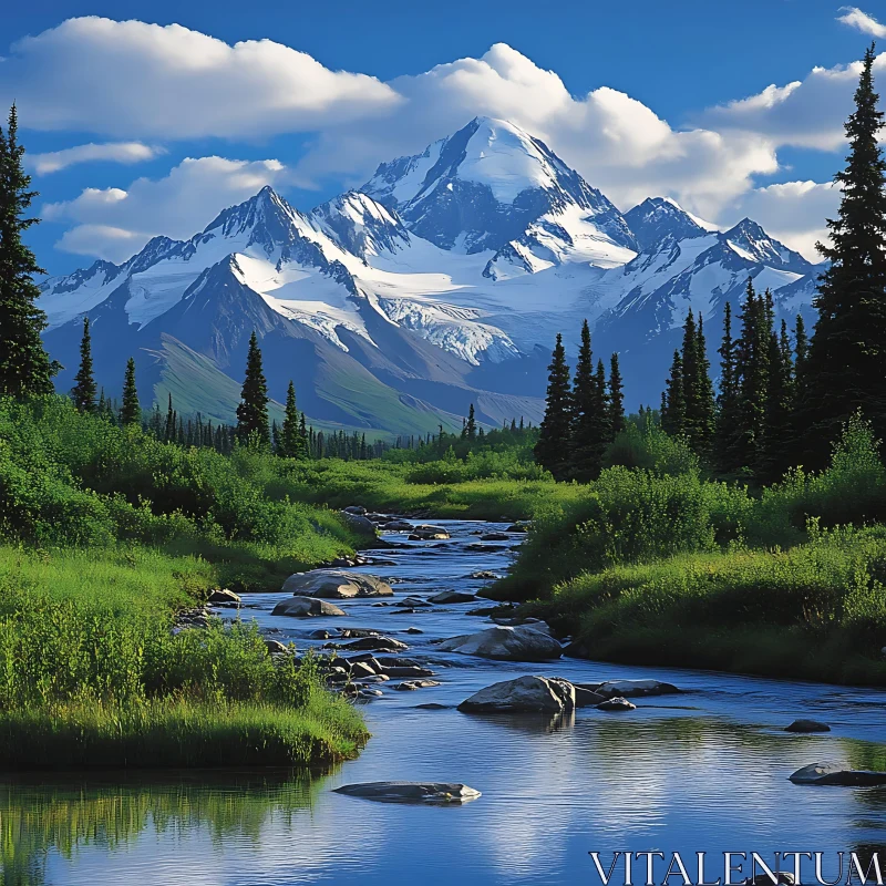 Snowy Peaks and Flowing River AI Image