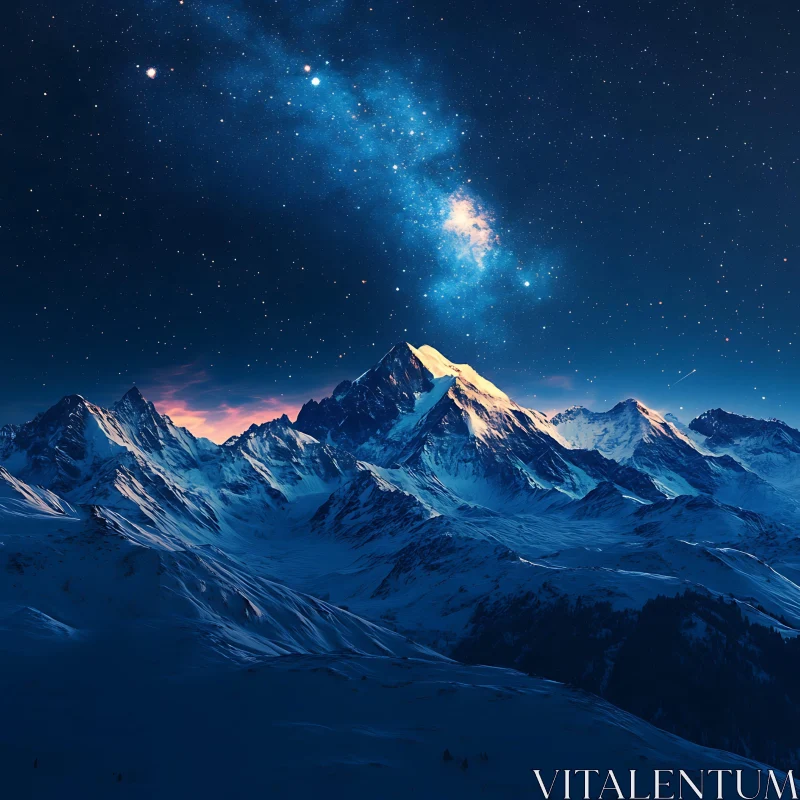 Celestial Peaks: Snowy Mountain Range at Night AI Image