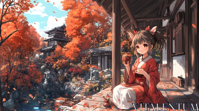 Serene Anime Scene with Kimono-Clad Girl in Autumn Garden AI Image