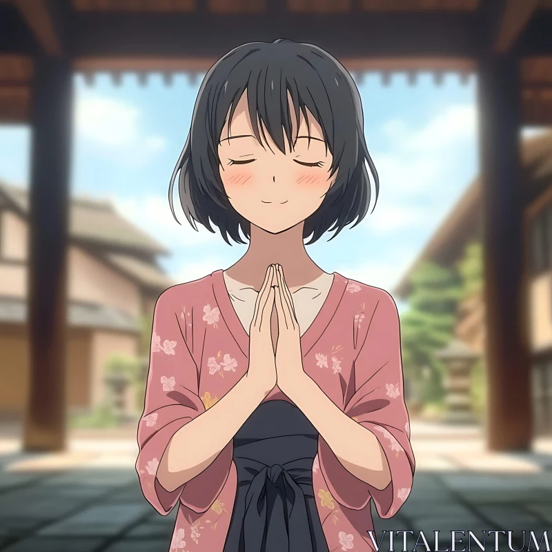 Peaceful Anime Girl in Traditional Attire AI Image