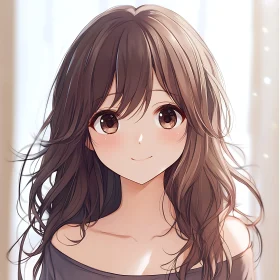 Anime Girl with Wavy Brown Hair and Gentle Smile