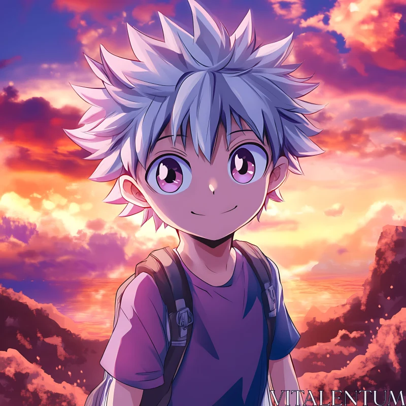 Anime Sunset Scene with White-Haired Character AI Image