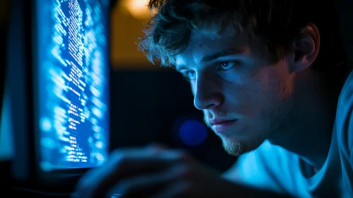 Young Man Immersed in Computer Code