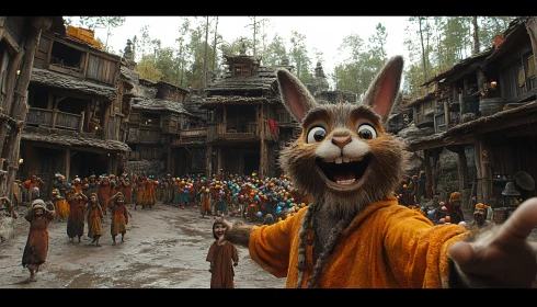 Selfie of an Animated Rabbit in a Joyful Village Setting