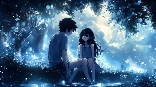 Romantic Anime Couple by a Forest Stream