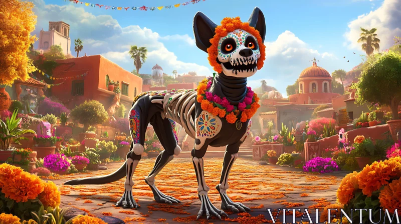 Festive Skeleton Dog in Colorful Mexican Setting AI Image