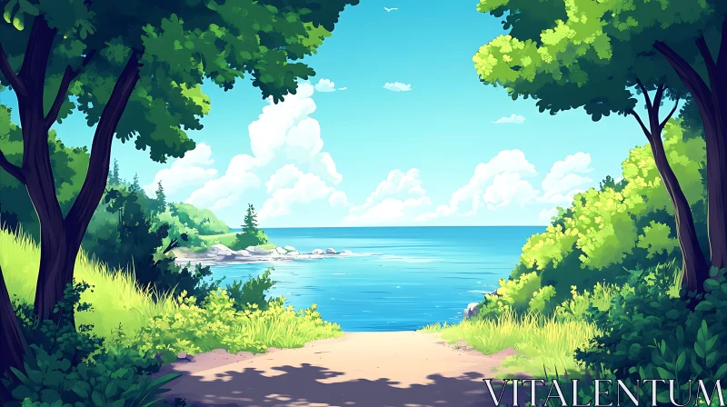 AI ART Tranquil Seascape with Lush Greenery