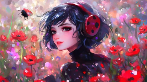 Charming Anime Girl Headphones Floral Scene