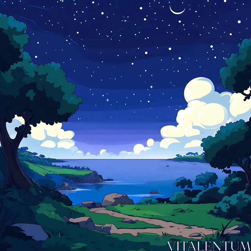 Cartoon Landscape with Starry Night Sky AI Image