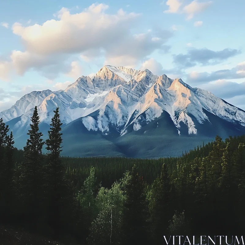 Snowy Mountain Peaks and Green Forest AI Image