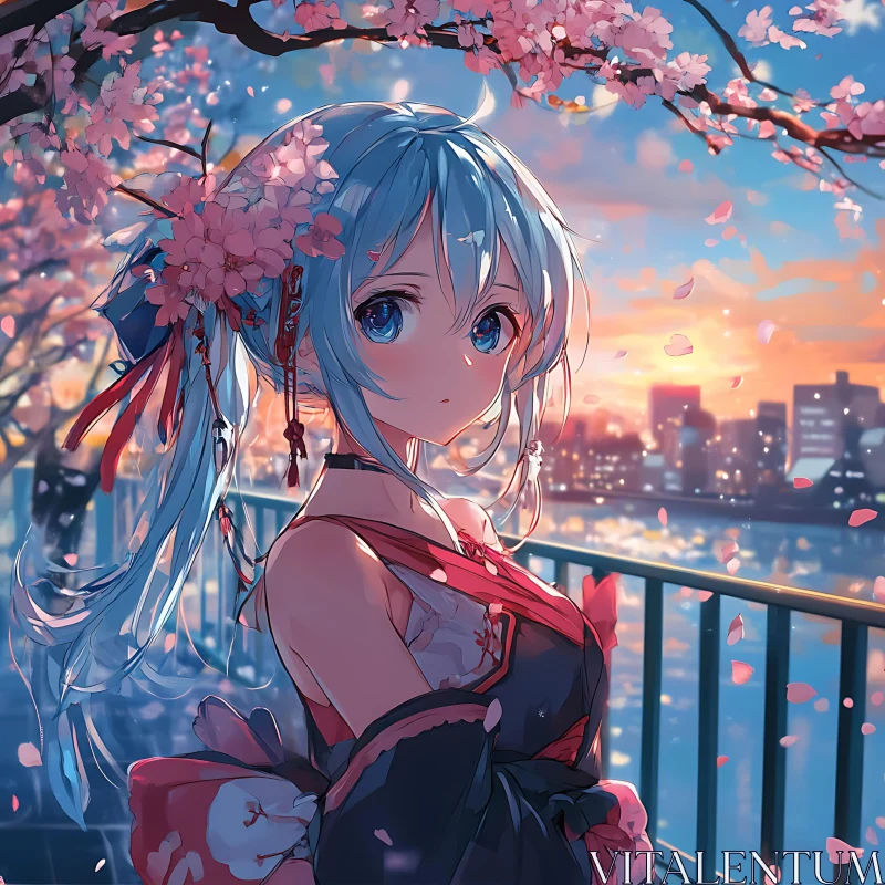 Blue-Haired Anime Girl with Cherry Blossoms and Cityscape AI Image