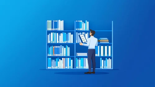 Studious Man Reading in Library Illustration