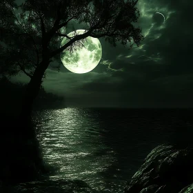 Tranquil Night Seascape with Full Moon