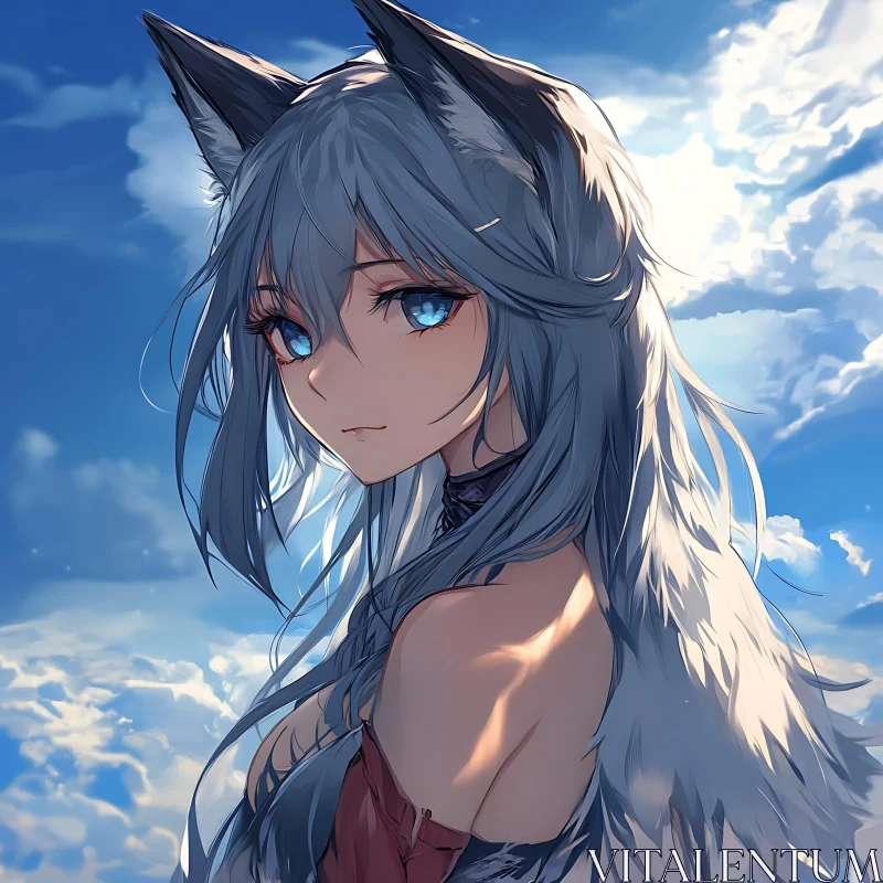 Mystical Anime Girl with Silver Hair and Wolf Ears AI Image