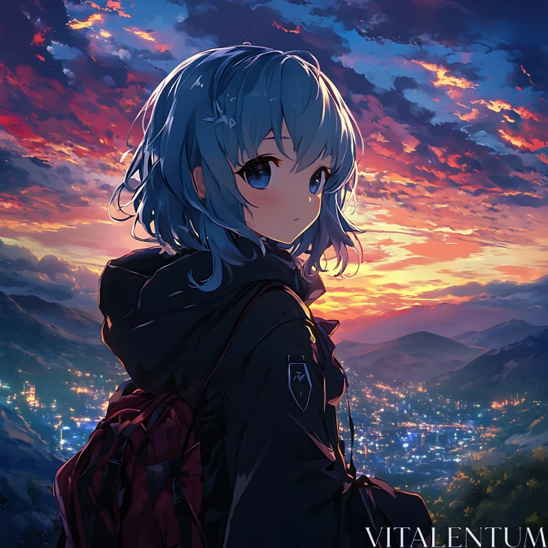 Anime Girl with Blue Hair and Backpack at Sunset AI Image