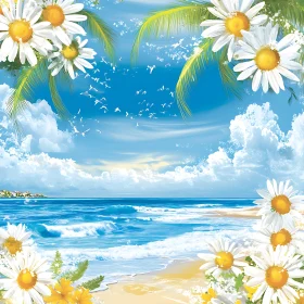 Floral Beach Scene with Blue Sky