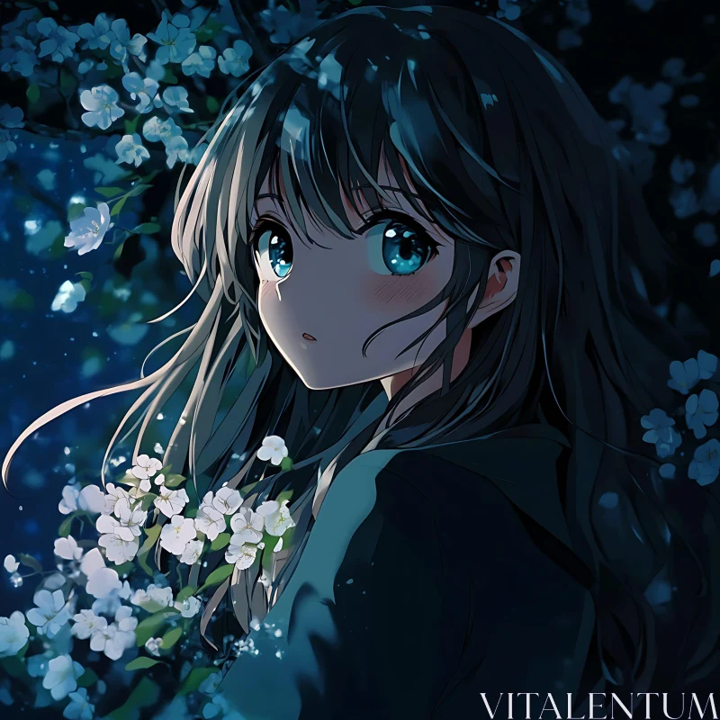 Serene Anime Girl with Blooming Flowers AI Image