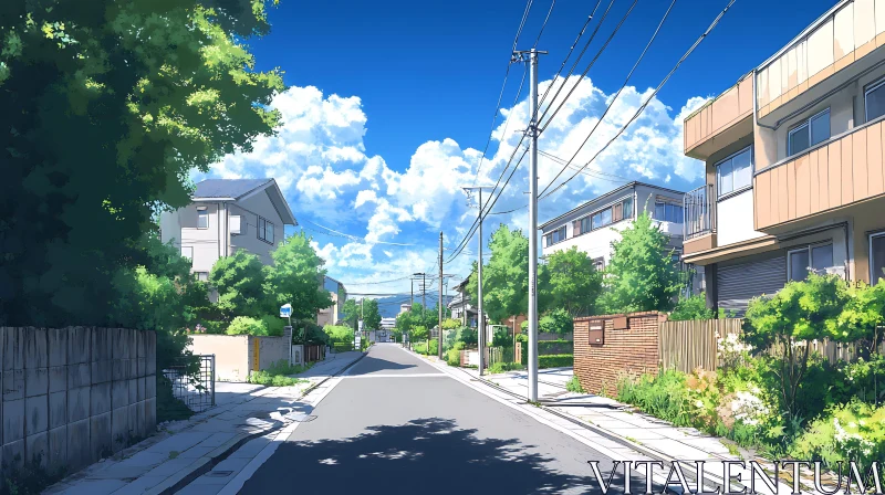 Peaceful Neighborhood with Lush Greenery and Blue Sky AI Image