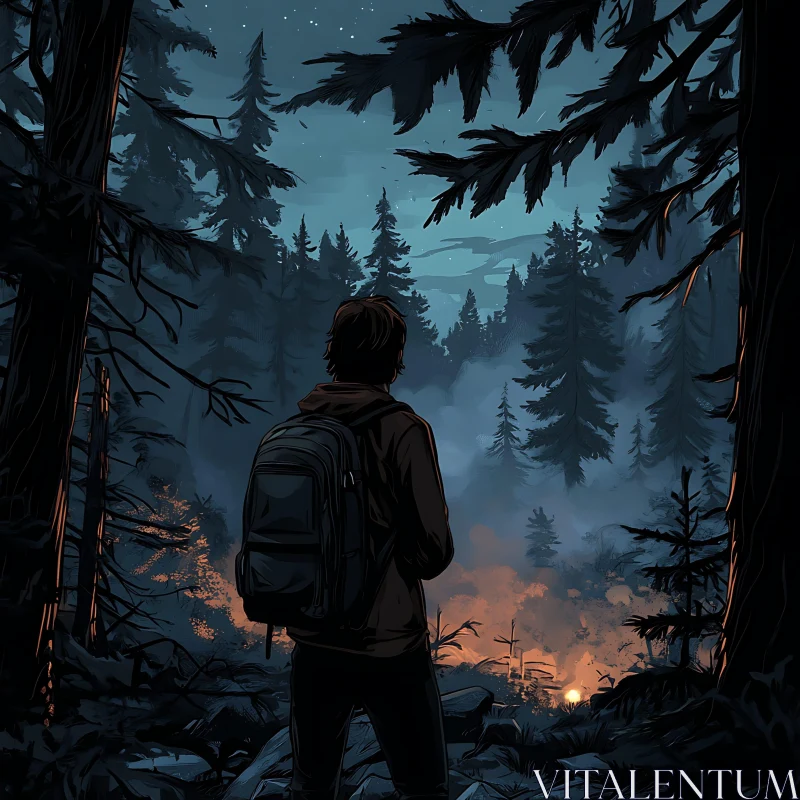 Backpacker Amidst Night Forest and Campfire AI Image