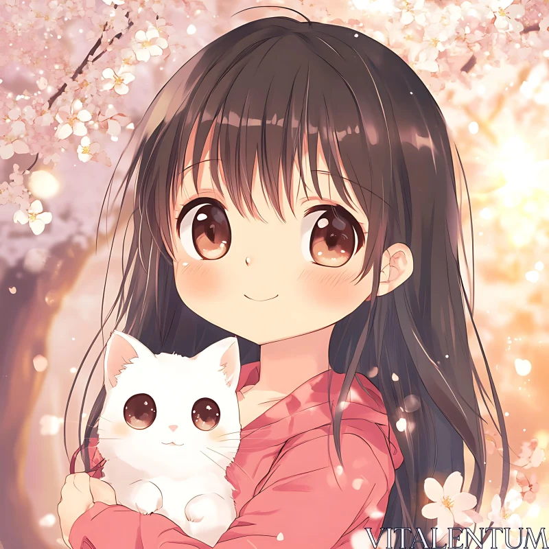 Charming Anime Girl with Cat in Spring AI Image