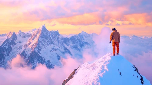 Hiker on Snow Mountain at Sunset