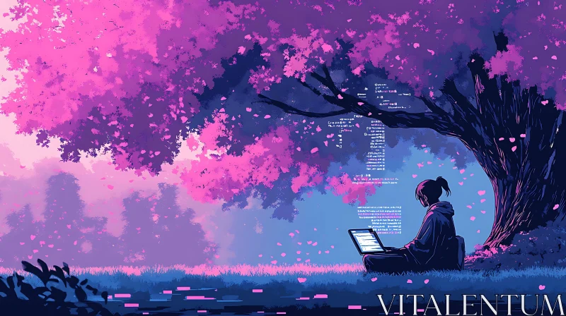 AI ART Anime Girl Coding Under Pink Sakura Tree