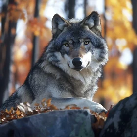 Timber Wolf Resting in Fall Landscape