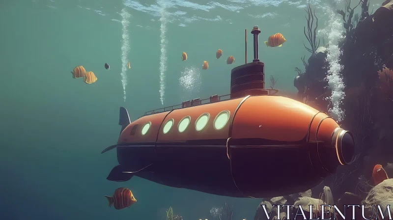 AI ART Underwater Voyage of the Orange Submarine