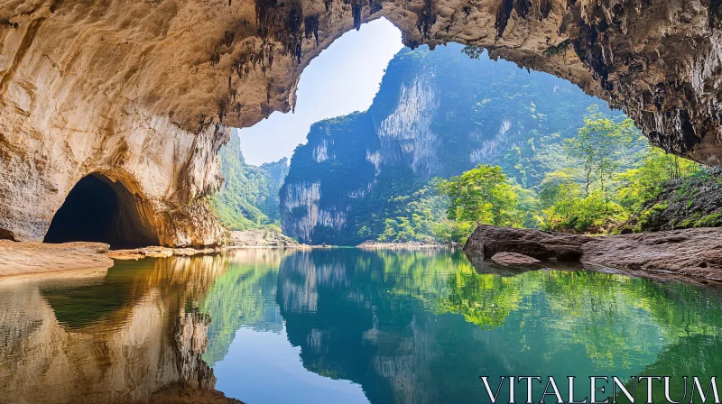 AI ART Serene Cave and Lake Landscape with Green Mountains