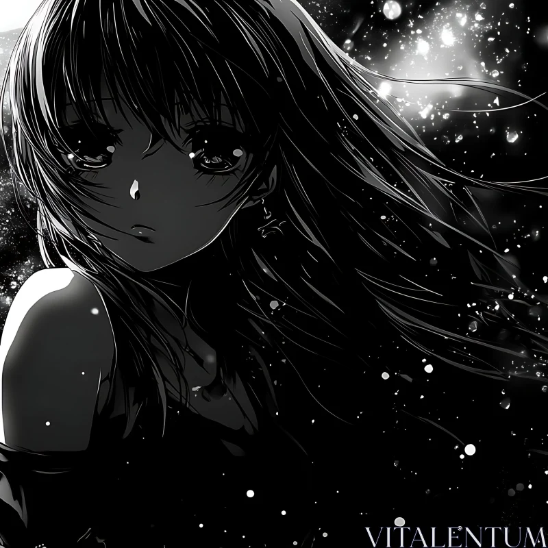 Melancholic Anime Girl in Starry Monochrome AI Image