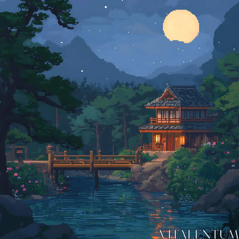 AI ART Moonlit Pixel Art Japanese Forest Cottage