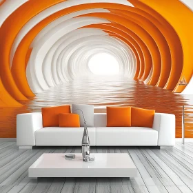 Contemporary Living Room with Futuristic White and Orange Tunnel Wall